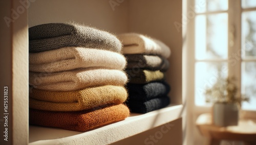 Stacked sweaters in a sunlit closet