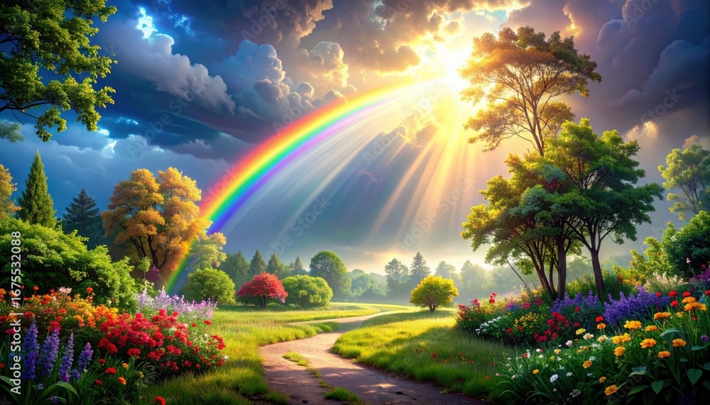 Obraz premium Landscape with Rainbow, Sunbeams, Path, and Flowers