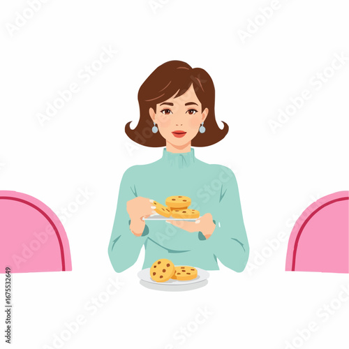 A woman holds a plate of chocolate chip cookies. 