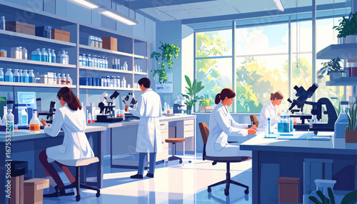 Professional lab scientists at work. Microscopes and lab studies in progress. Modern lab with plant-filled workspace. Focused scientists working in lab. Research in a bright, spacious lab