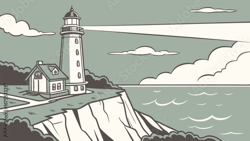Serene Coastal Lighthouse Scene: Vintage Style Illustration, Calm Ocean, Cliffside Keeper's Cottage
