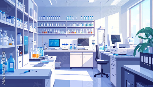 Modern clean lab with laboratory tools. Chemical lab with test tubes and beakers. Laboratory with advanced research equipment. Bright laboratory with glass containers. Scientific lab design