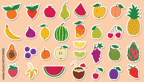 Set of colorful fruit stickers in flat cartoon style.