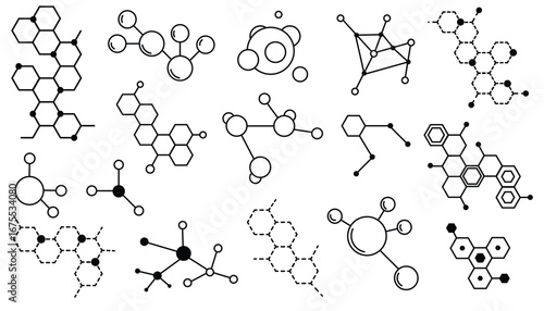 Thin line molecular structure set with minimal geometric style.