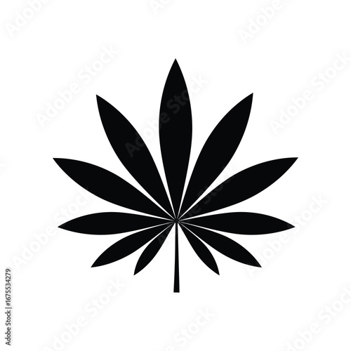 Simple black silhouette of a cannabis leaf on a white background representing marijuana and medical use