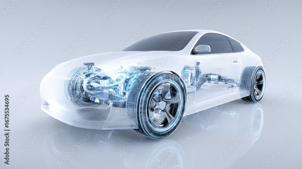 Fototapeta premium Futuristic car design featuring a transparent body and visible internal mechanisms.