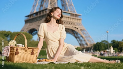 A woman in a yellow dress enjoys a picnic on the grass with the Eiffel Tower in the background.