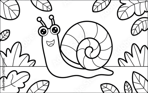 Happy Snail Coloring Page:  Cute Cartoon Snail Among Leaves