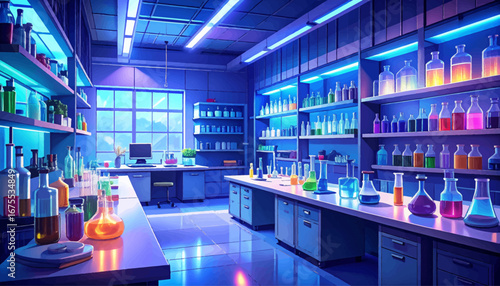 Modern laboratory with glass beakers. Dynamic science lab with chemical bottles. Bright and futuristic laboratory. Colorful science laboratory with test tubes. Chemical lab filled fluorescent liquids