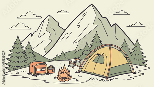 Serene Camping Scene: Hand-drawn Illustration of Tent, Campfire, and Majestic Mountains.