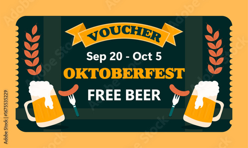 Oktoberfest voucher Design Flat vector illustration, Beer glass or beverage elements with typography.