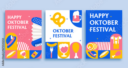 Set of three Abstract minimalist flat geometric pattern flyer, Invitation or greeting card design on Oktoberfest vector illustration.