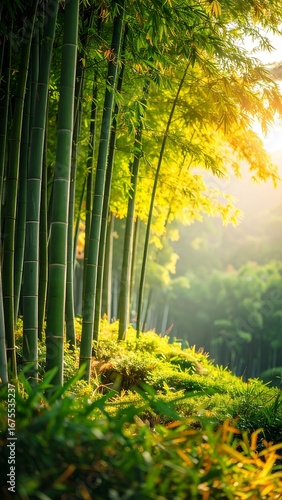 Lush bamboo forest bathed in golden sunlight