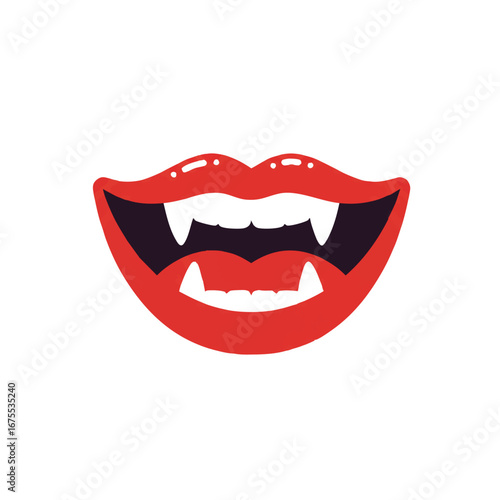 Wallpaper Mural A cheerful smiling vampire mouth with exaggerated fangs is presented as a clean, minimalist 2D flat vector illustration, utilizing solid colors on a stark white background. Torontodigital.ca