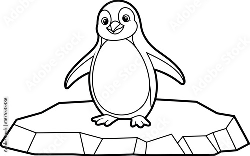 Happy cartoon penguin on iceberg; black and white line art.