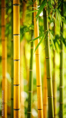 Lush bamboo grove, vibrant greens and golds