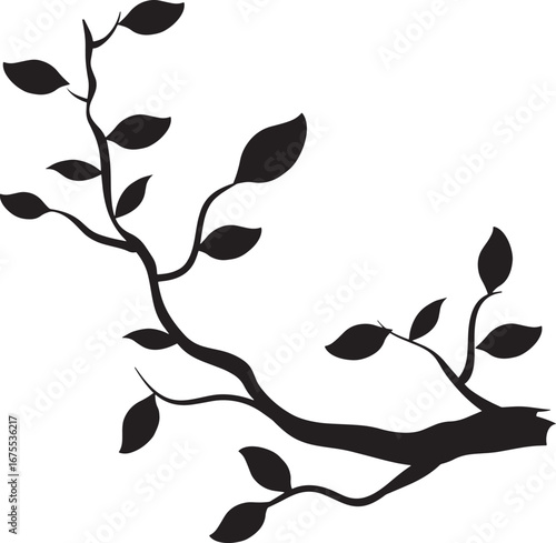 Natural Elegance – Silhouette of Tree Branch with Leaves, Botanical, Abstract, Nature, Design, Growth