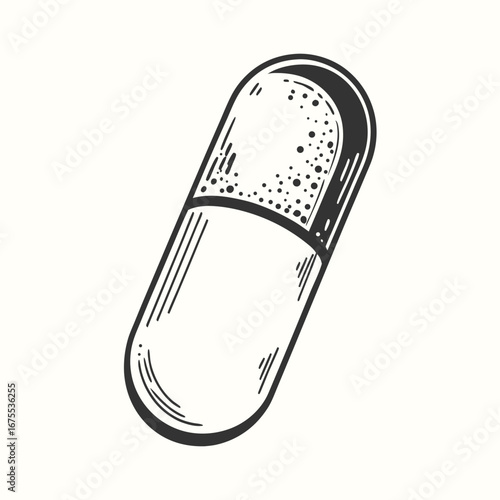 Monochrome Pill Capsule with Granules, Medical Illustration, White Background