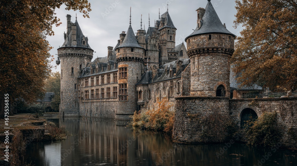 Fototapeta premium Medieval stone castle by moat