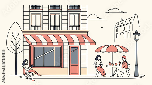 Stylish Parisian Cafe Scene: Two Women Enjoying Coffee and Conversation Outdoors