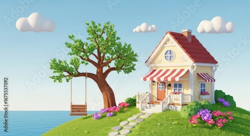 Wallpaper Mural A cozy cottage with a swing and flowers on a hillside overlooking the sea. Torontodigital.ca