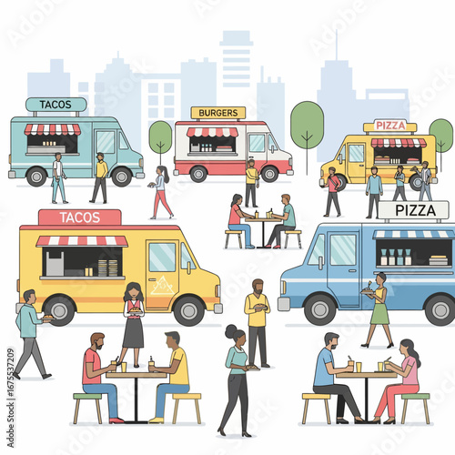 Diverse Food Trucks Serving Customers in a Lively City Street Food Market Illustration.