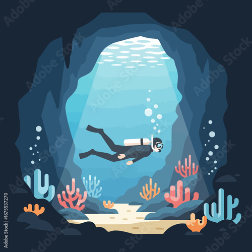 Flat design illustration of a scuba diver exploring a vibrant underwater cave with colorful coral reefs.