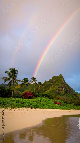 Tropical beach rainbow landscape, Hawaii