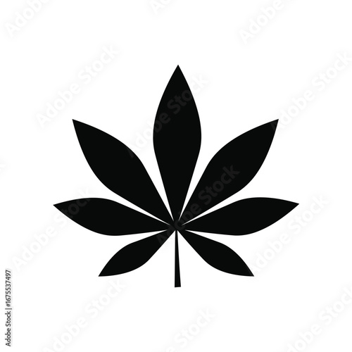 Simple black silhouette of a stylized cannabis leaf against a white background