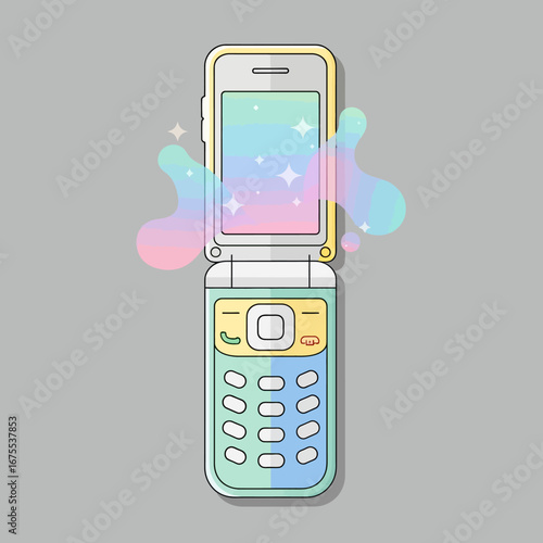 Retro Flip Phone with Pastel Screen and Buttons, Outlined Design.