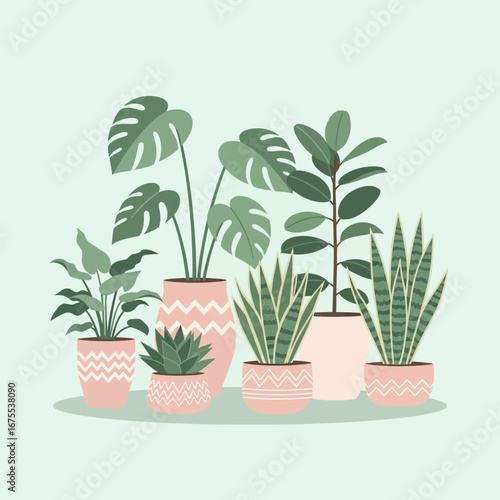 Stylized potted houseplants collection featuring Monstera, snake plant, and succulents in decorative pink pots.