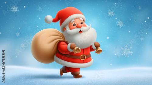 Cartoon Santa Claus running with a sack in winter snow scene  