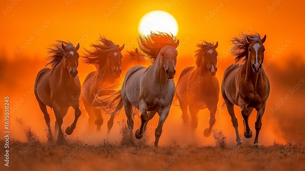 Fototapeta premium A group of wild horses gallops freely across a dusty plain at sunset. The image captures their power, freedom, and the beauty of nature.