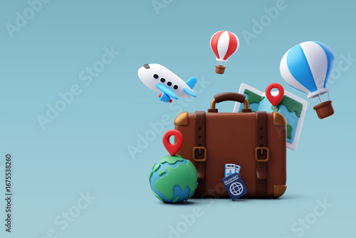 3d Vector Big Suitcase with Airplane, Balloon, Passport and tickets, Map pin, Travel the world, Time to travel concept.