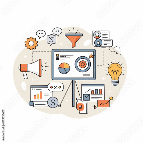 Digital marketing strategy board with connected icons: megaphone, funnel, target, graph, lightbulb, flat vector style, monoline design, minimal background.