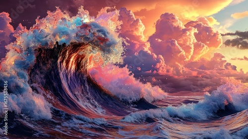 Dramatic ocean wave crashing against vibrant sunset clouds.