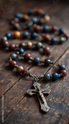 Colorful rosary beads on wood