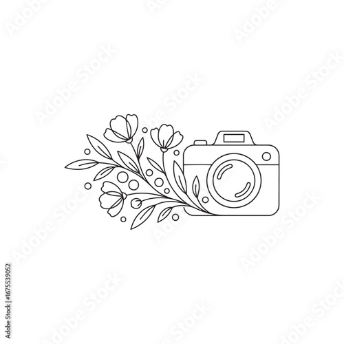 Floral camera logo. Minimalist line art illustration of a photo camera decorated with flowers and leaves. Elegant botanical icon for a photographer or wedding photography.
