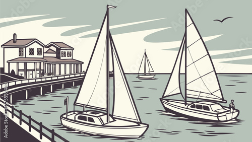 Vintage Style Sailboats at Harborside Dock, Calm Ocean, Retro Illustration