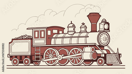 Vintage Steam Locomotive Illustration: Retro Red and Cream Color Palette, Nostalgic Travel Design