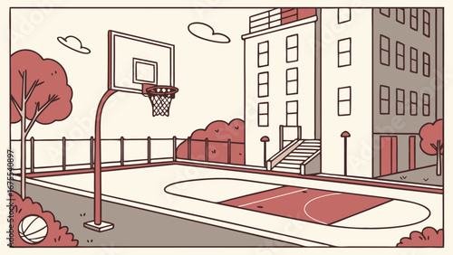 Urban Outdoor Basketball Court Illustration: Minimalist Line Art Style, Calm Autumn Mood