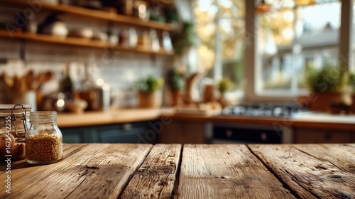  Warm wooden table background with blurred kitchen interior and golden hour glow, clean lifestyle backdrop for product placement