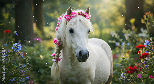 Magical White Pony Surrounded by Fairy Garden Blooms