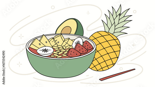 Vibrant Tropical Fruit Bowl:  Hand-drawn Illustration,  Healthy Breakfast Concept,  Summer Mood,  Pineapple,  Strawberry,  Avocado.