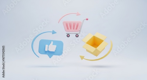 3D Rendered Icons: Shopping Cart, Thumbs Up, and Open Box with Circular Arrows