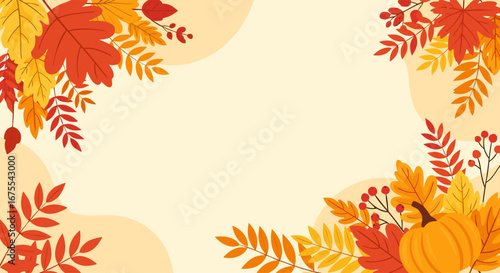 Fall-Themed Background with Autumn Leaves and Pumpkins for Seasonal Celebrations