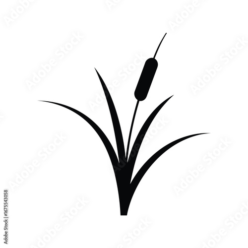 Simple silhouette of a cattail plant with long grass blades against a white background