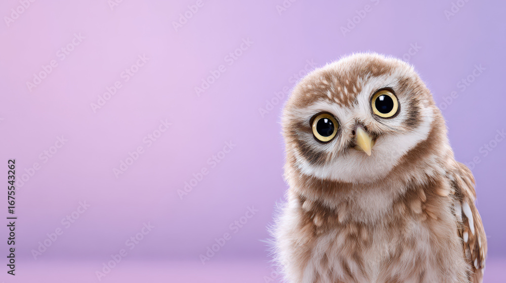 Fototapeta premium Close-up portrait of a curious, fluffy little owl against a soft purple background, showcasing its captivating large eyes and intricate feather patterns