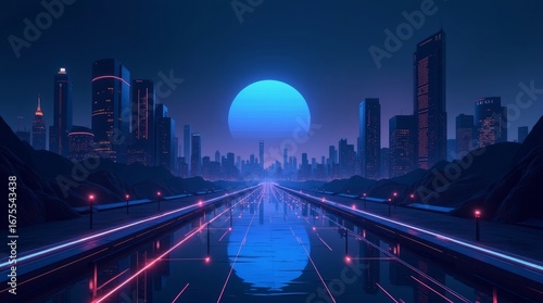 Neon Cityscape Night Canal Blue Moon Retrofuturistic