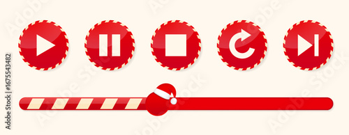 Music and video player interface button icon set in Christmas style. Play start repeat next buttons. Vector illustration